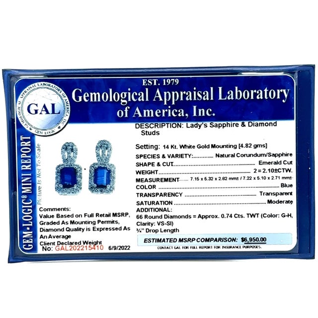 Natural Sapphire Diamond Earrings 14k W Gold 2.84 TCW Certified For Sale - Image 10 of 13