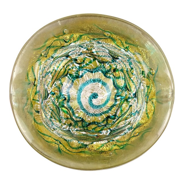 Barovier Toso Murano Vintage Gold Leaf Emerald Green Swirl Italian Art Glass Chunky Ashtray Bowl For Sale