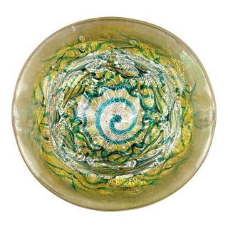 Murano Barovier Toso Vintage Gold Leaf Emerald Green Swirl Italian Art Glass Chunky Ashtray Bowl For Sale