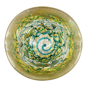 Murano Barovier Toso Vintage Gold Leaf Emerald Green Swirl Italian Art Glass Chunky Ashtray Bowl