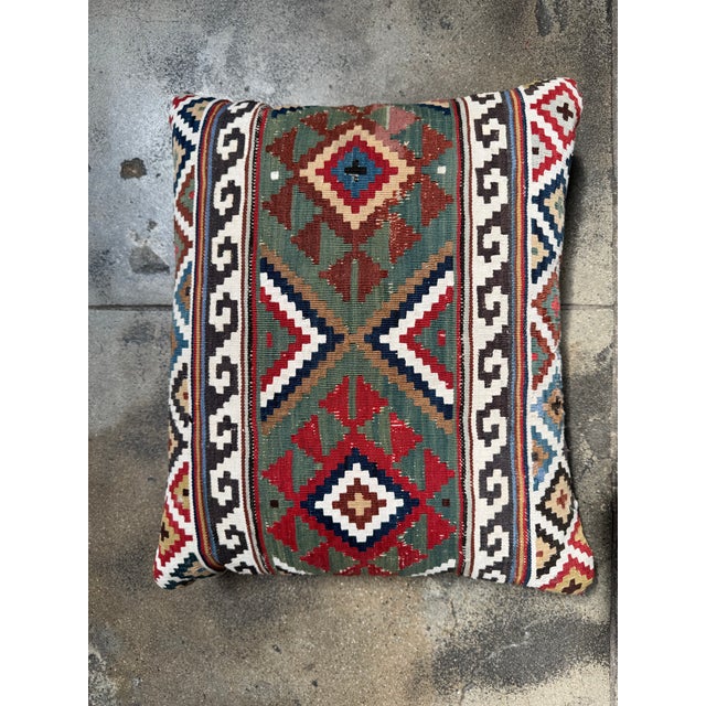 Multicolor Accent Pillow Made From 19th Century Handwoven Wool Caucasian Kilim Rug For Sale - Image 4 of 4