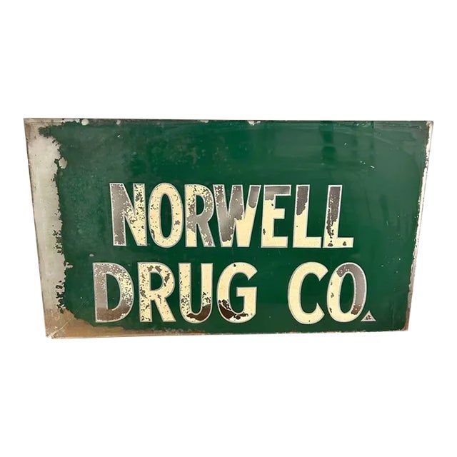 Vintage 1950’s Drug Pharmacy Reverse Painted Glass Advertisement Sign for Norwell Drug Co. For Sale