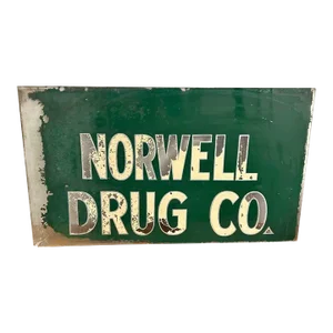 Vintage 1950’s Drug Pharmacy Reverse Painted Glass Advertisement Sign for Norwell Drug Co.