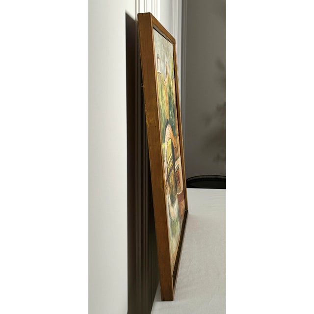 This original oil painting depicts a serene riverside or canal scene featuring a stone arch bridge that spans across the...