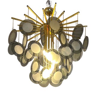 Large Chandelier in Brass with Smoked Murano Glass Discs For Sale