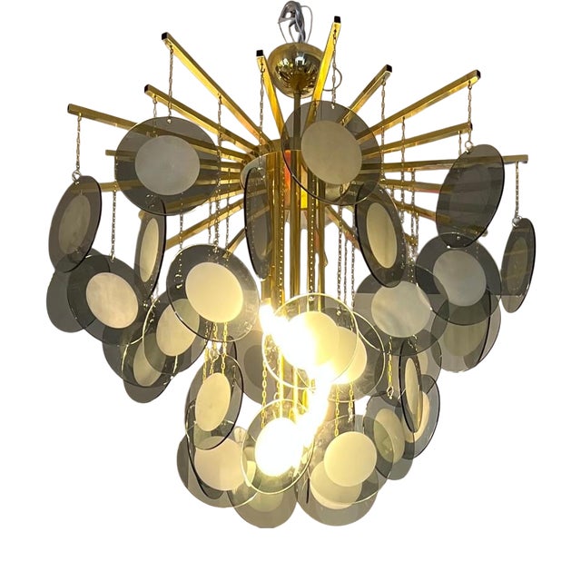 Large Chandelier in Brass with Smoked Murano Glass Discs For Sale