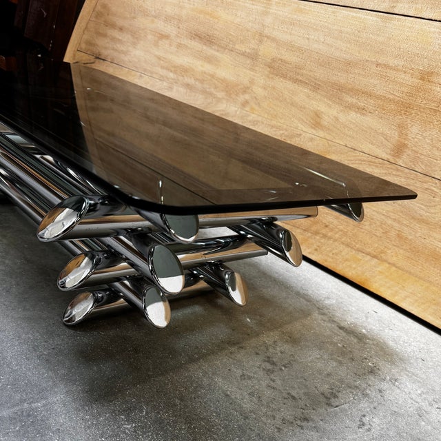 Black Smoked Glass Coffee Table with Chromed Metal Tubes, 1970s For Sale - Image 8 of 18
