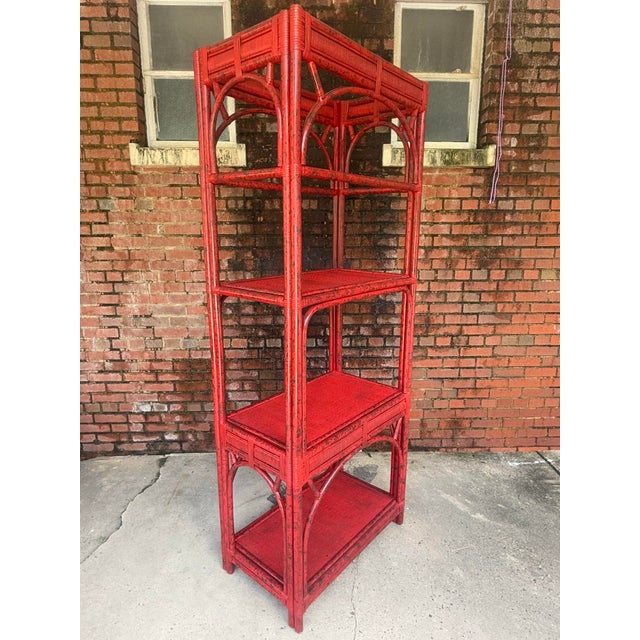 Wood Vintage Rattan Etagere Bookcase in Vermillion Red With Faux Tortoise Shell Finish - Newly Painted For Sale - Image 7 of 12