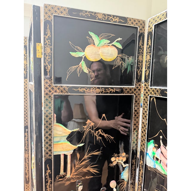 Vintage Chinese Black Lacquer 4-Panel Folding Screen Room Divider - Soapstone & Mother-of-Pearl Inlay For Sale - Image 16 of 18