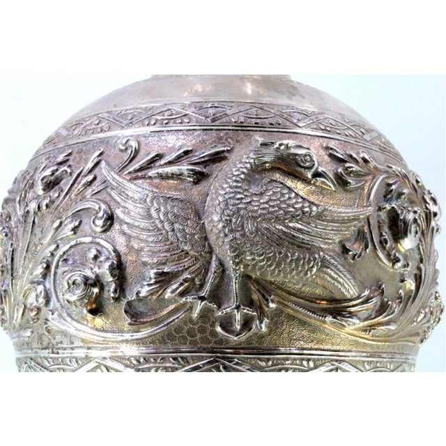 Silver Vase with Floral Motifs, Figures of Swans and Engraved Friezes on Circular Base For Sale - Image 4 of 9