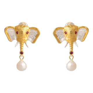 Guardian Elephant Ruby & Pearl Earrings, A Pair For Sale