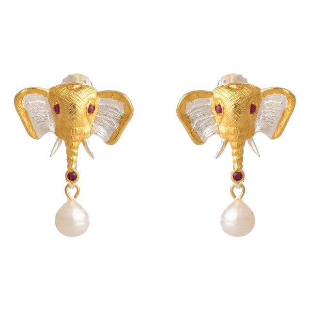 Guardian Elephant Ruby & Pearl Earrings, A Pair For Sale