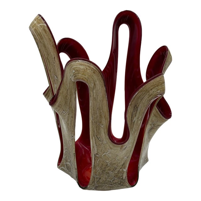 Late 20th Century Jozefina Krosno Poland Handblown Pulled Brown Marbled Red Interior Glass Vase For Sale