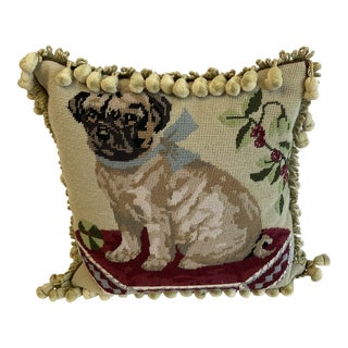 English Needlepoint Pillow of Pug Dog Ala Pouf For Sale