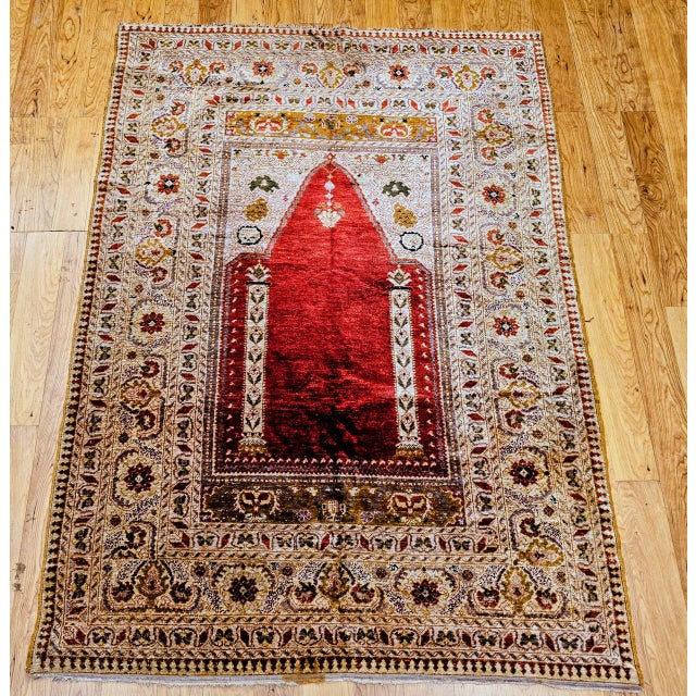 Red Antique Turkish Silk Prayer Area Rug, Late 19th Century, Red & Gold, 4' x 6' For Sale - Image 8 of 16