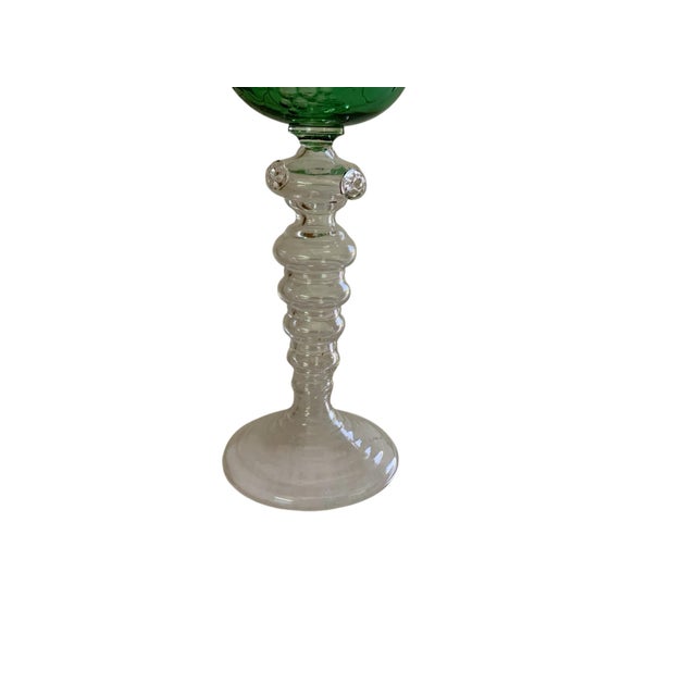Vintage German Theresienthal Crystal Römer Glass 7.5" Green Cut to Clear Etched Grapes Spun Rib Foot 1950s-1970s For Sale - Image 4 of 6