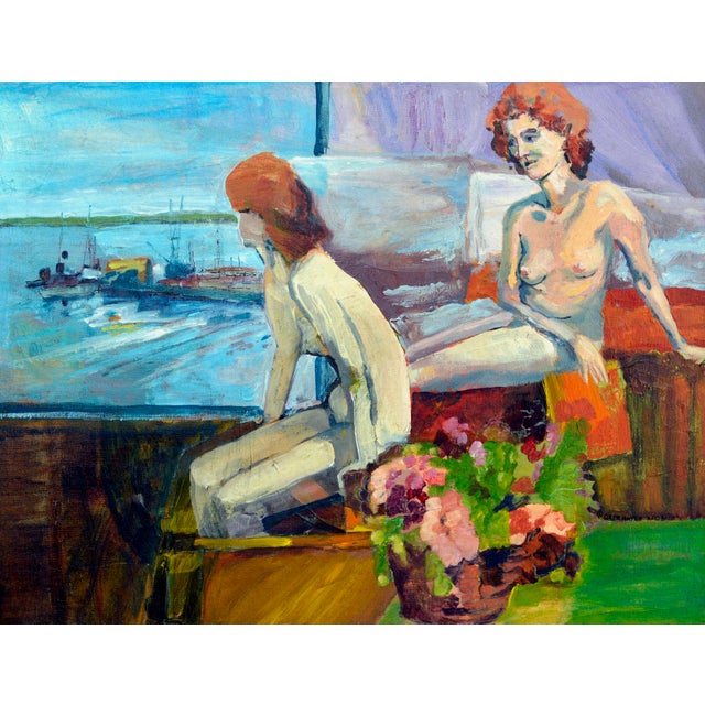 "Looking out the Window", a Bay Area figurative painting with two nude figures gazing out of a window at the San Francisco...