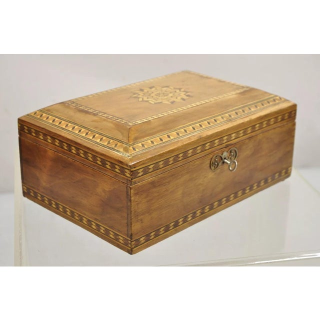 Late 19th Century Antique English Marquetry Inlaid Wood Large Tea Caddy Lined in Metal Desk Box For Sale - Image 4 of 12