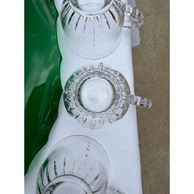 Transparent 1930's New Martinsville Crystal and Emerald Radiance Punch Bowl With Underplate and Ladel, Complete Set For Sale - Image 8 of 11