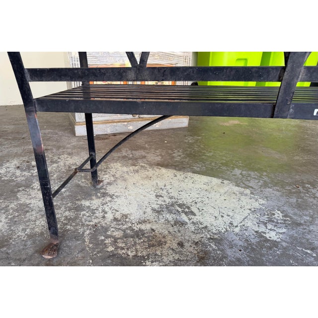 Vintage Regency-Style Reeded Wrought-Iron Garden Bench With Paw Feet For Sale - Image 9 of 12