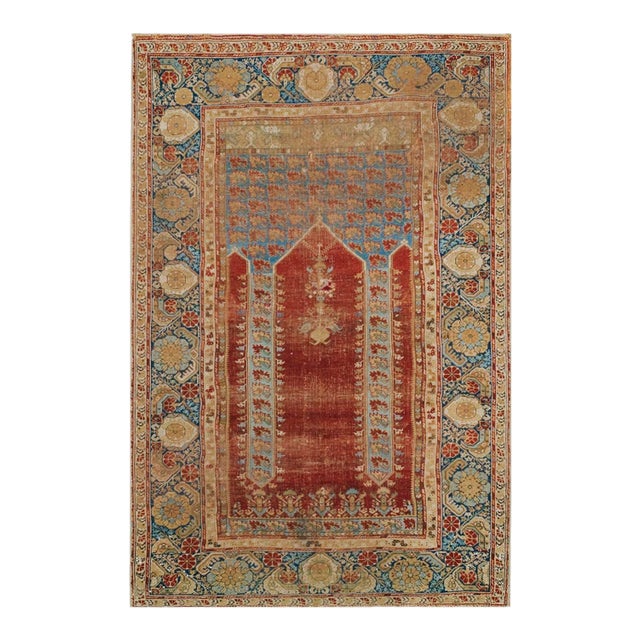 Traditional and Special in a Red Background Color Antique Turkish Ghiordes Prayer Rug For Sale