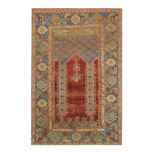 Traditional and Special in a Red Background Color Antique Turkish Ghiordes Prayer Rug