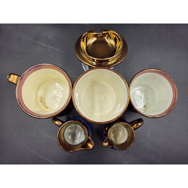 19th Century English Copper Lustreware Cobolt Blue Enamel Bands & Hand-Painterd Motifs 6 Piece Set For Sale - Image 17 of 18