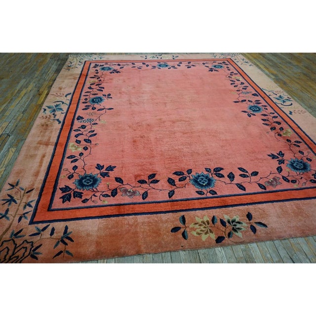 Salmon 1920s Coral Open Field Antique Chinese Art Deco Square Knotted Pile Floral Rug For Sale - Image 8 of 10