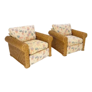 Decorative c1970s Oversize Rttan Bamboo Wicker Club Lounge Chairs - A Pair