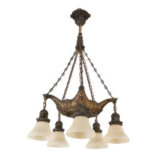 Mid 20th Century Restored Neoclassical Bronze Chandelier With Alabaster Shades For Sale