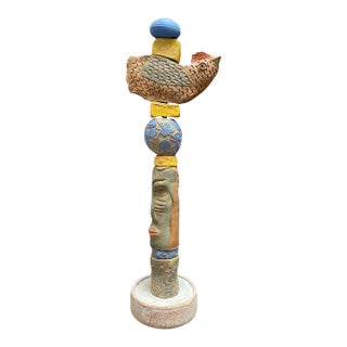 Marc Zimmerman "Long Face Totem Sculpture 2" Glazed Ceramic, 62 Inches Tall, Elongated Face and Bird, Multi-Color Glaze, Contemporary Art West Coast For Sale