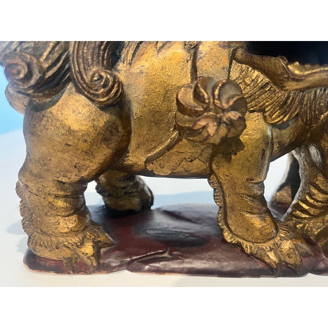 Late 19th Century Pair Late 19th Century Chinese Carved Giltwood Male & Female Guardian Foo Dogs With Cub Attached to Female For Sale - Image 5 of 12