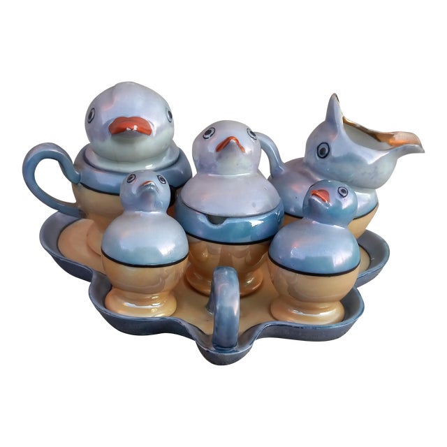 1930s Japanese Lusterware Condiment Nest of Duck Family- 10 Pieces For Sale