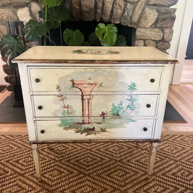 Charming Petite Antique Italian Neoclassical Style Commode With Hand Painted Architectural Scene Venetian or Neoclassical...