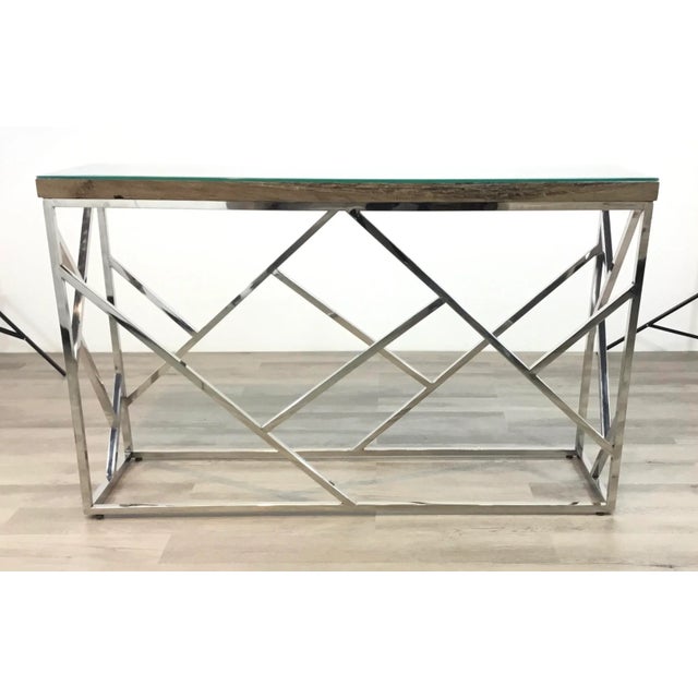 Wood Industrial Modern Reclaimed Teak Wood and Stainless Steel Console Table For Sale - Image 7 of 7