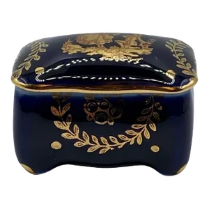 Late 20th Century Fm Limoges France Porcelain Artistique Cobalt Blue & Gold Trinket Box With Lid