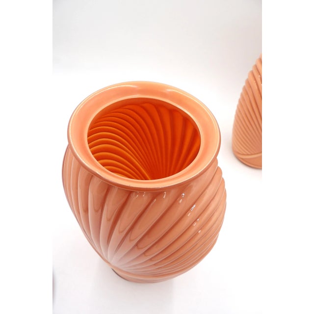 Glass Pair of 1980s Art Deco Revival Peach Draped Vases With Geometric Accents by Anchor Hocking For Sale - Image 7 of 10
