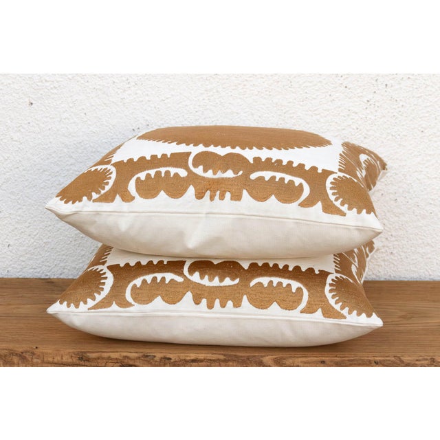 Textile Pair of Gold & White Medallion Suzani Pillow Covers For Sale - Image 7 of 9