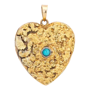 Circa 1960s Heart Nugget Picture Locket Vintage 10k Gold Turquoise Pendant