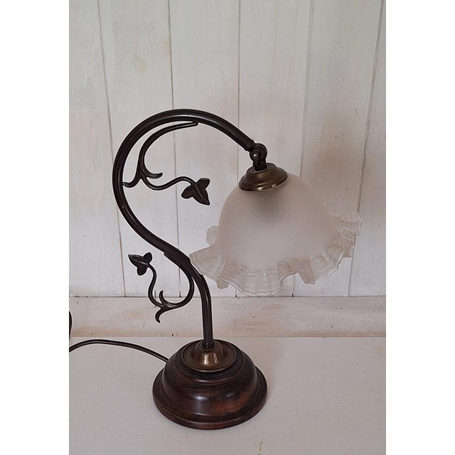 Vintage Table Lamp with Patinated Brass Frame on Maple Base and Adjustable Decorated Glass Shade, 1970s For Sale - Image 4 of 6