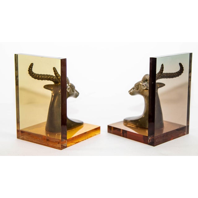 Metal Brass Gazelle on Lucite Mount Antelope Bookends a Pair 1950s For Sale - Image 7 of 12