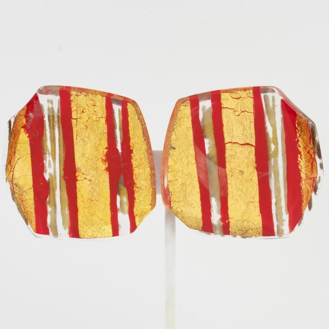 Contemporary Anne and Frank Vigneri Red and Gold Foil Resin Clip Earrings For Sale - Image 3 of 8