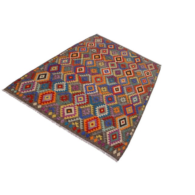 Shabby Chic Kilim Brown Blue Wool Rug - 7'0" X 9'8" For Sale - Image 3 of 7