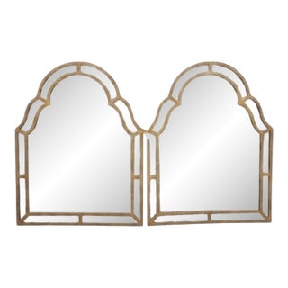 Monumental Hammered Gold Arched Moorish Pagoda Carvers Guild Style Hollywood Regency Wall Mirrors- A Pair For Sale