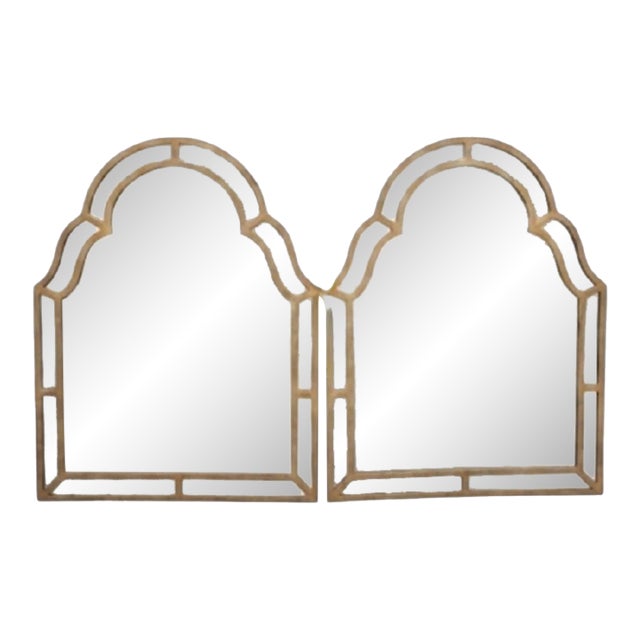 Monumental Hammered Gold Arched Moorish Pagoda Carvers Guild Style Hollywood Regency Wall Mirrors- A Pair For Sale