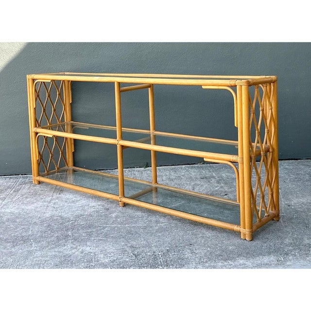 Vintage Trellis Rattan and Glass Console Table For Sale In West Palm - Image 6 of 12