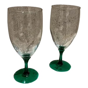 1970s Pair of Green Stem Wine Water Goblet Glasses