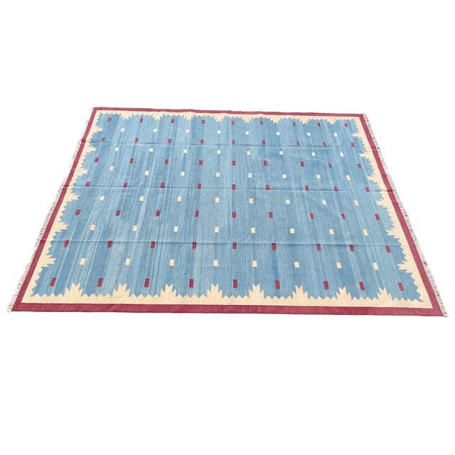 Mid-Century Modern Handmade Cotton Vegetable Dyed Rug, Sky Blue and Pink Geometric Dhurrie-8'x10' For Sale - Image 3 of 13