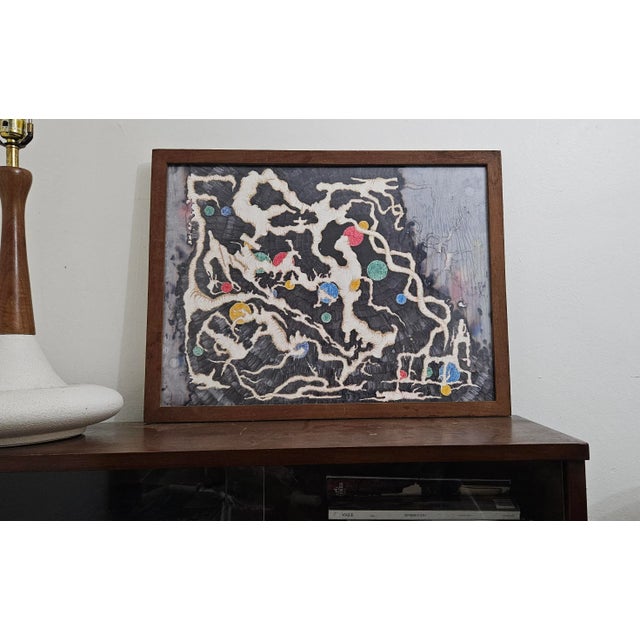 Signed Abstract Mixed Media Painting 25.5"x19.5" Painted and drawn light brown root-like images against a black...