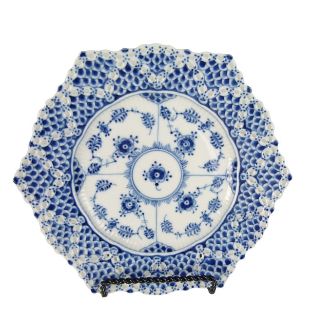 Royal Blue Vintage Royal Copenhagen Blue Fluted Double Full Lace Hexagonal Plate No. 1094 First Quality 1975 to 1979 For Sale - Image 8 of 11